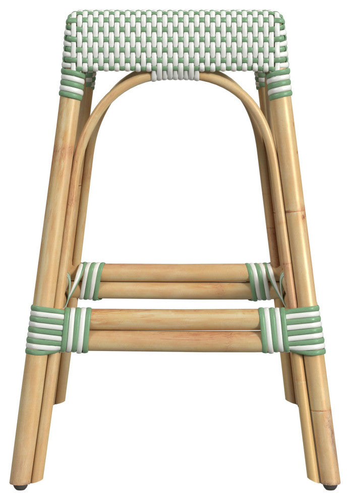 Robias Rectangular Rattan 24.5" Counter Stool, White and Green Dot