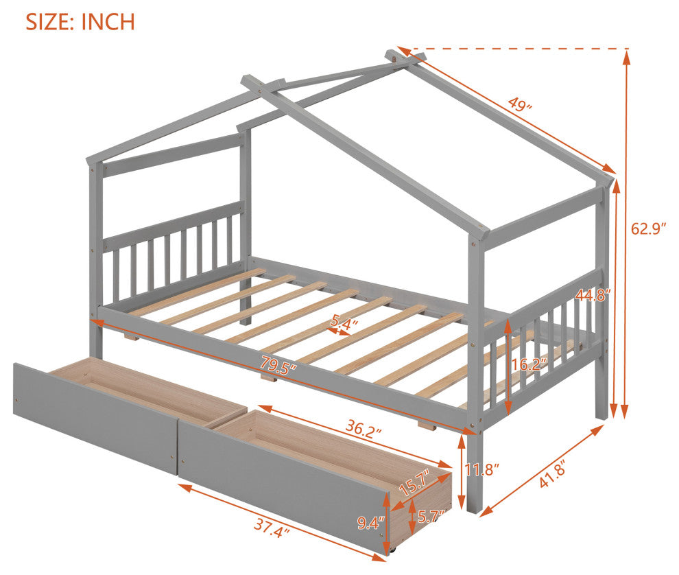 Gewnee Twin Size Wooden House Bed with Drawers, Gray
