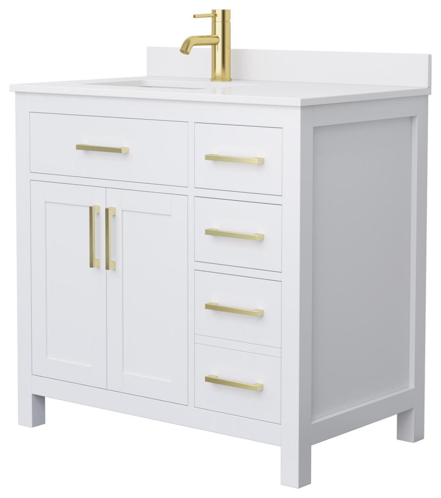 Beckett 36" White Single Vanity, White Cultured Marble Top, Gold Trim