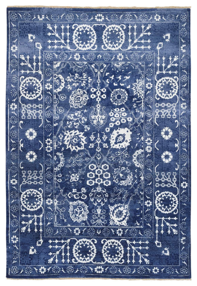 Tone On Tone Tabriz Hand Knotted Wool and Silk Blue Oriental Rug, 6'0" x 8'10"
