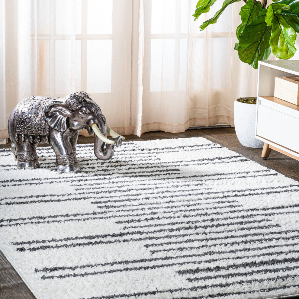 Petra Stripe Geometric Shag, White/Black, 3x5