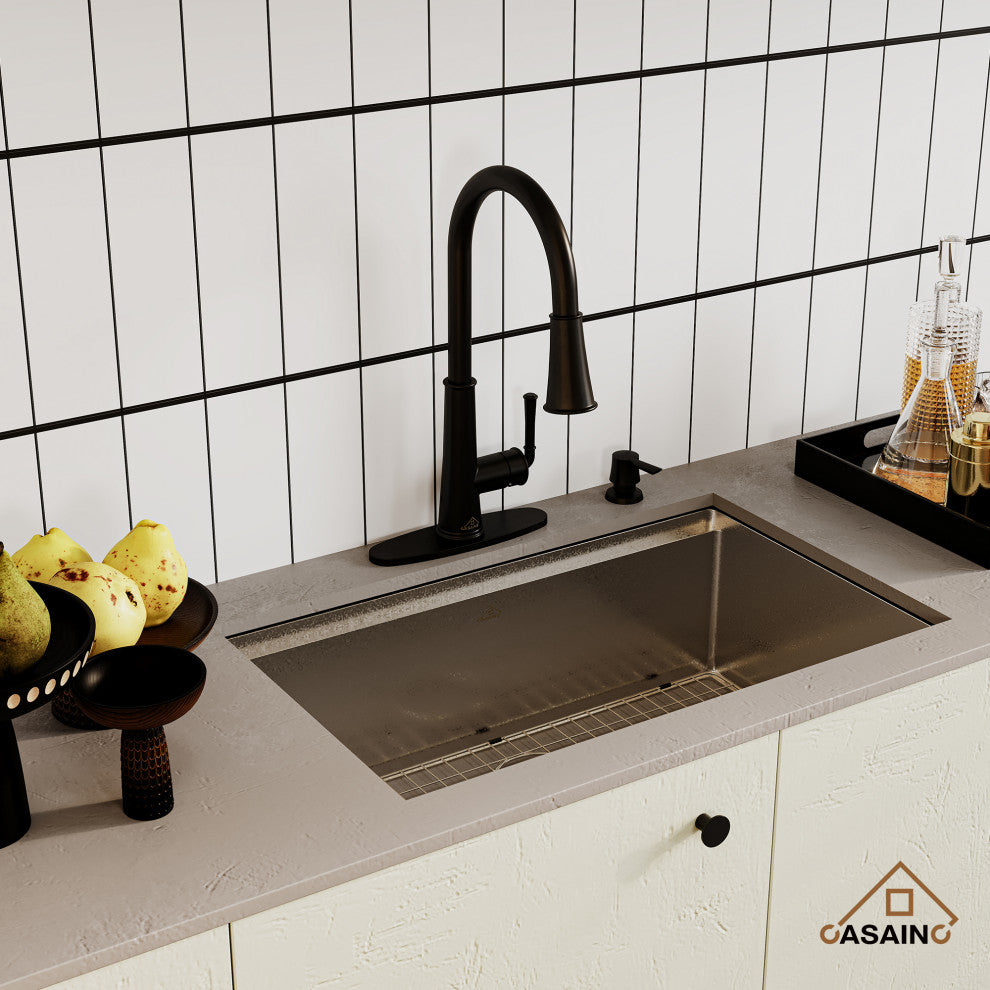 32in Single Bowl Undermount Workstation Kitchen Stainless Steel Sink with Faucet, Matte Black
