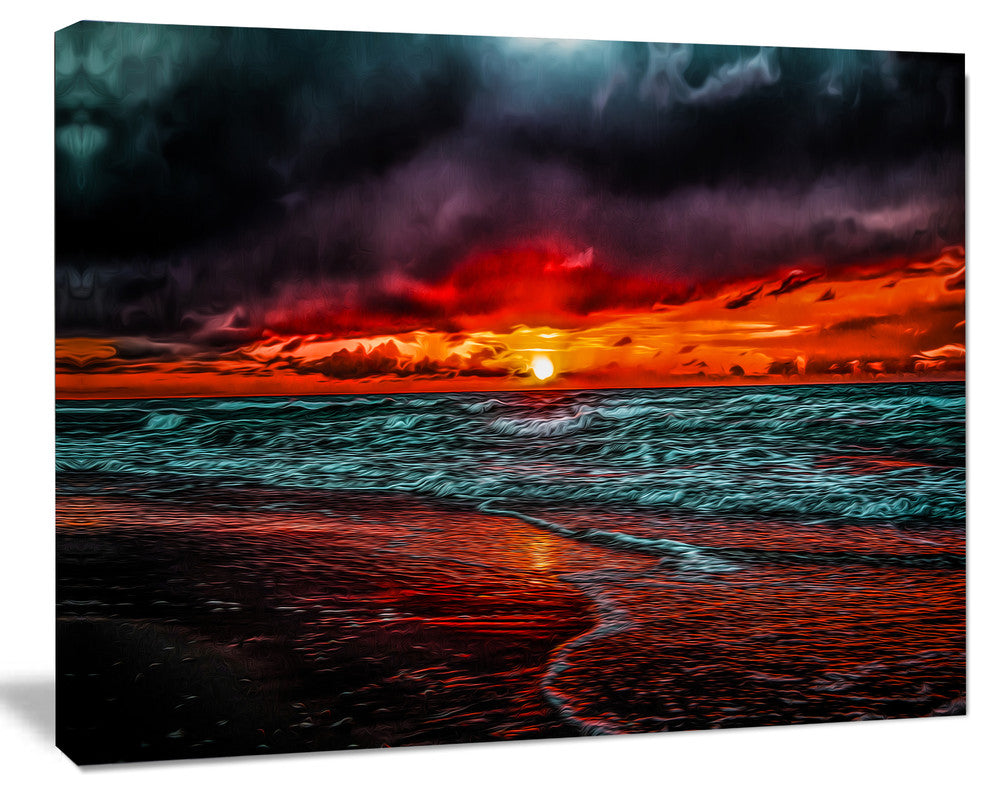 Red Sunset over Blue Waters, Seascape Canvas Art Print, 20"x12"