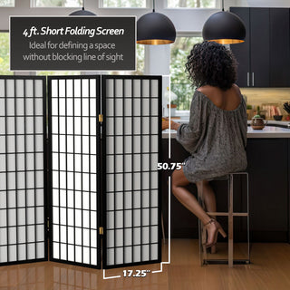 4' Tall Window Pane Shoji Screen, Black, 3 Panels