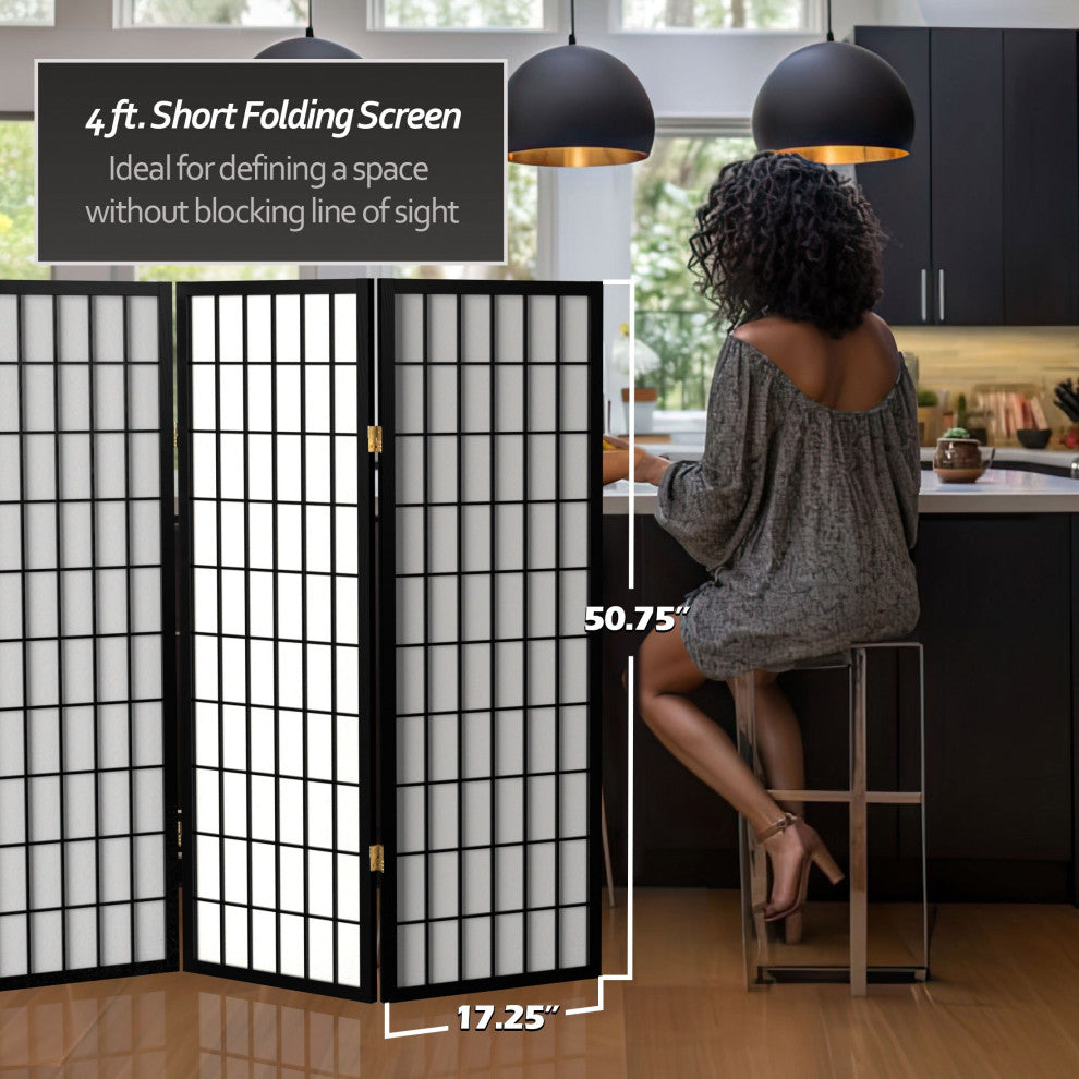 4' Tall Window Pane Shoji Screen, Black, 3 Panels