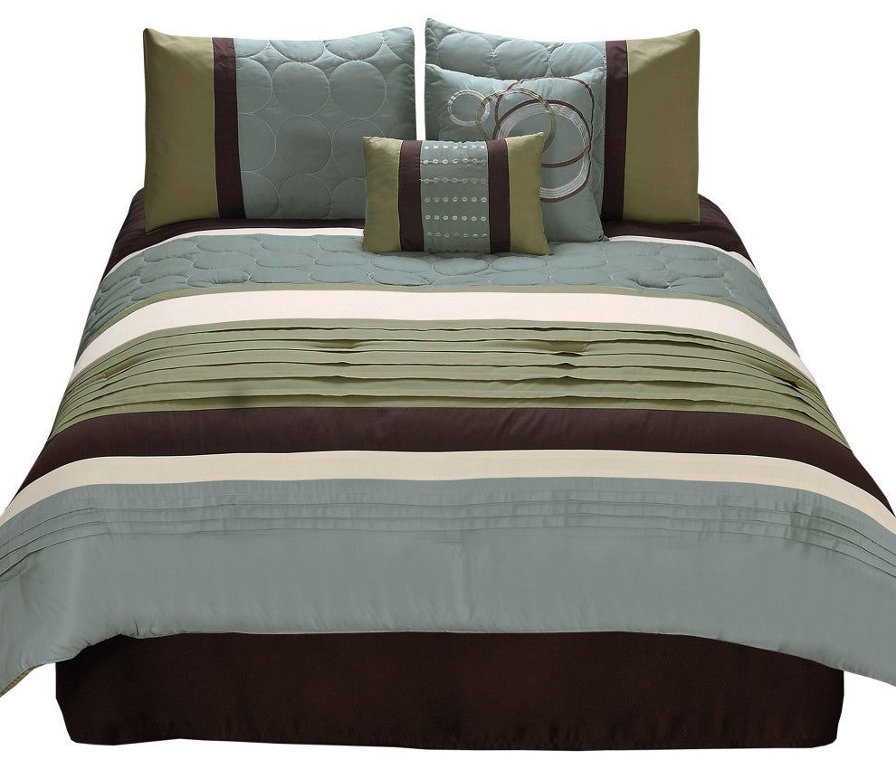 6 Piece Queen Comforter Set with Pleats and Embroidery, Green and Blue