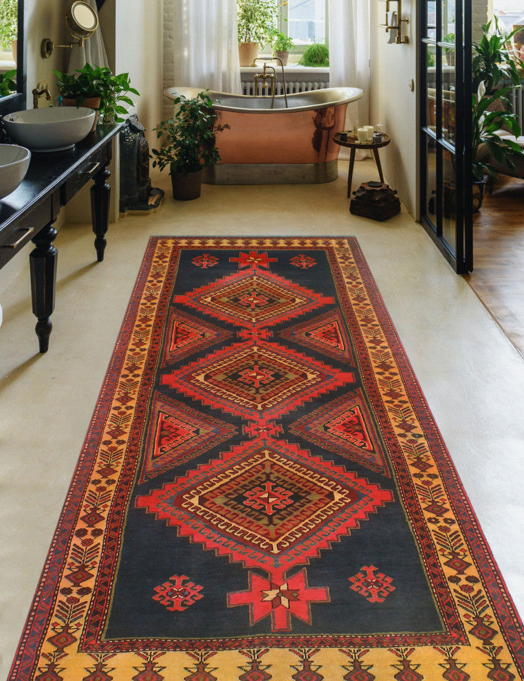Fine Vintage Distressed Farima Navy/Gold Runner, 4'2x10'2
