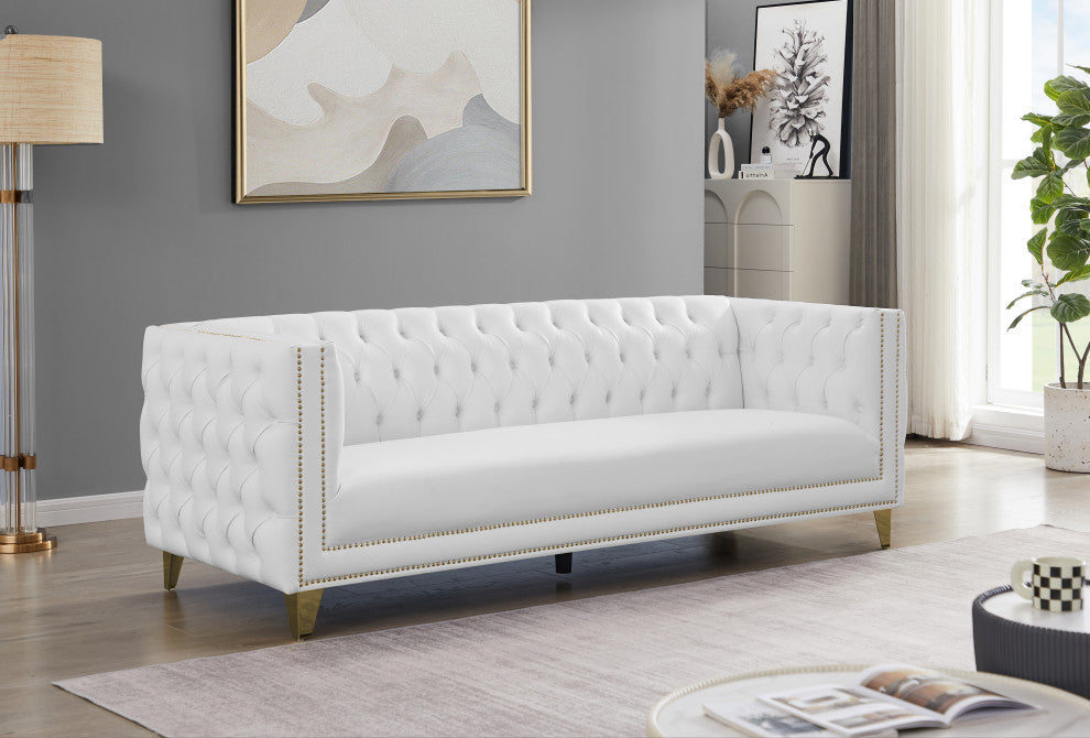 Michelle Fabric Upholstered Chair, Gold Iron Legs, White, Vegan Leather, Sofa