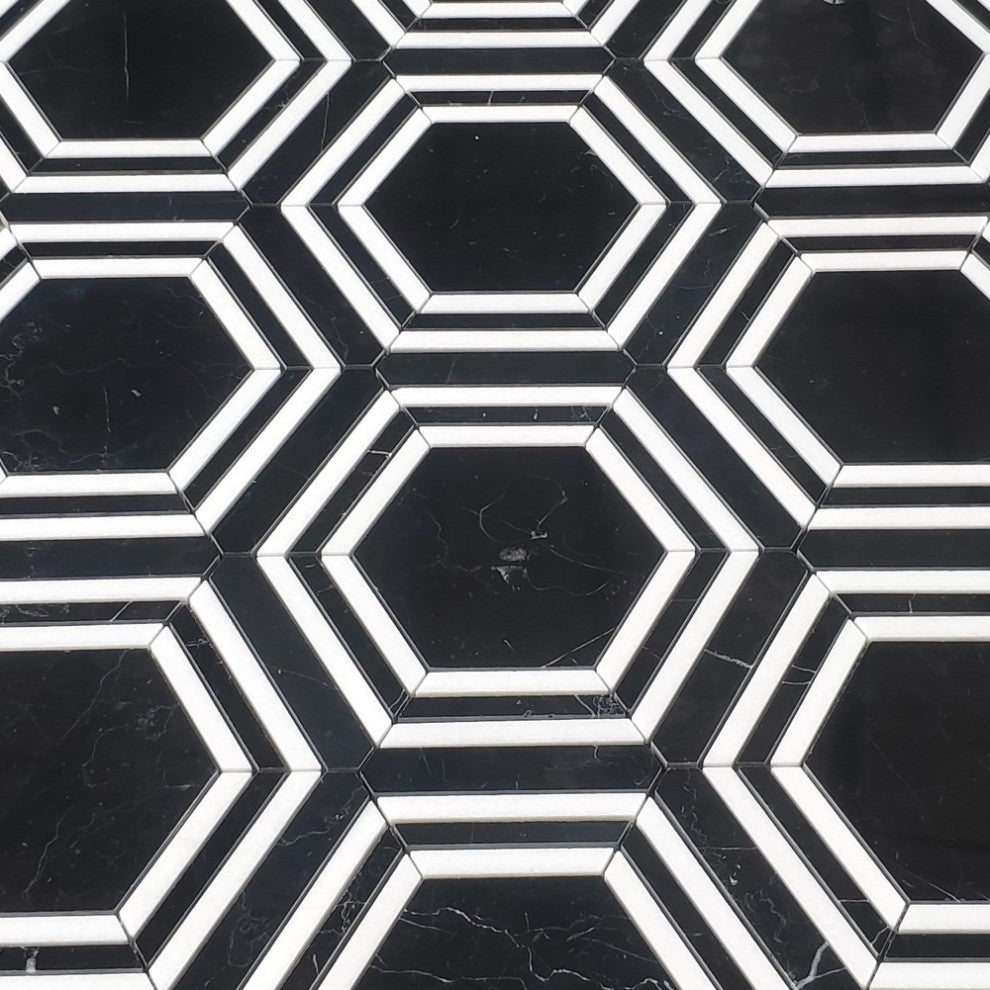 Nero Marquina Thassos Marble Hexagon Georama Geometric Tile Polished, 1 sheet