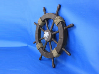Rustic Wood Finish Decorative Ships Wheel With Palm Tree, 18"