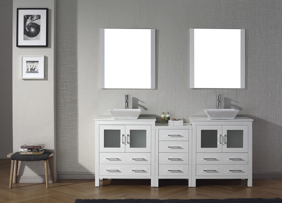 Virtu Dior 78" Double Bathroom Vanity, White With Faucet and Mirrors