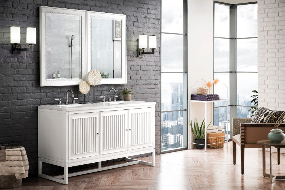 James Martin E645-V60D-GW-3WZ Double Vanity Cabinet Glossy White w/ Quartz Top