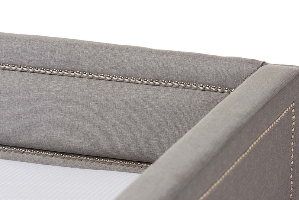 Keegan Linen Fabric Nail Heads Trimmed Sofa Twin Daybed With Trundle, Gray