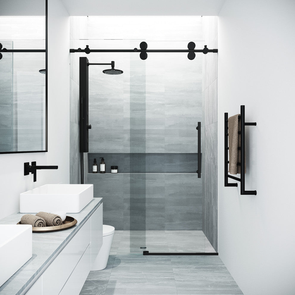 VIGO Elan 52" to 56" W x 74" H Frameless Sliding Shower Door, Matte Black, Clear Glass
