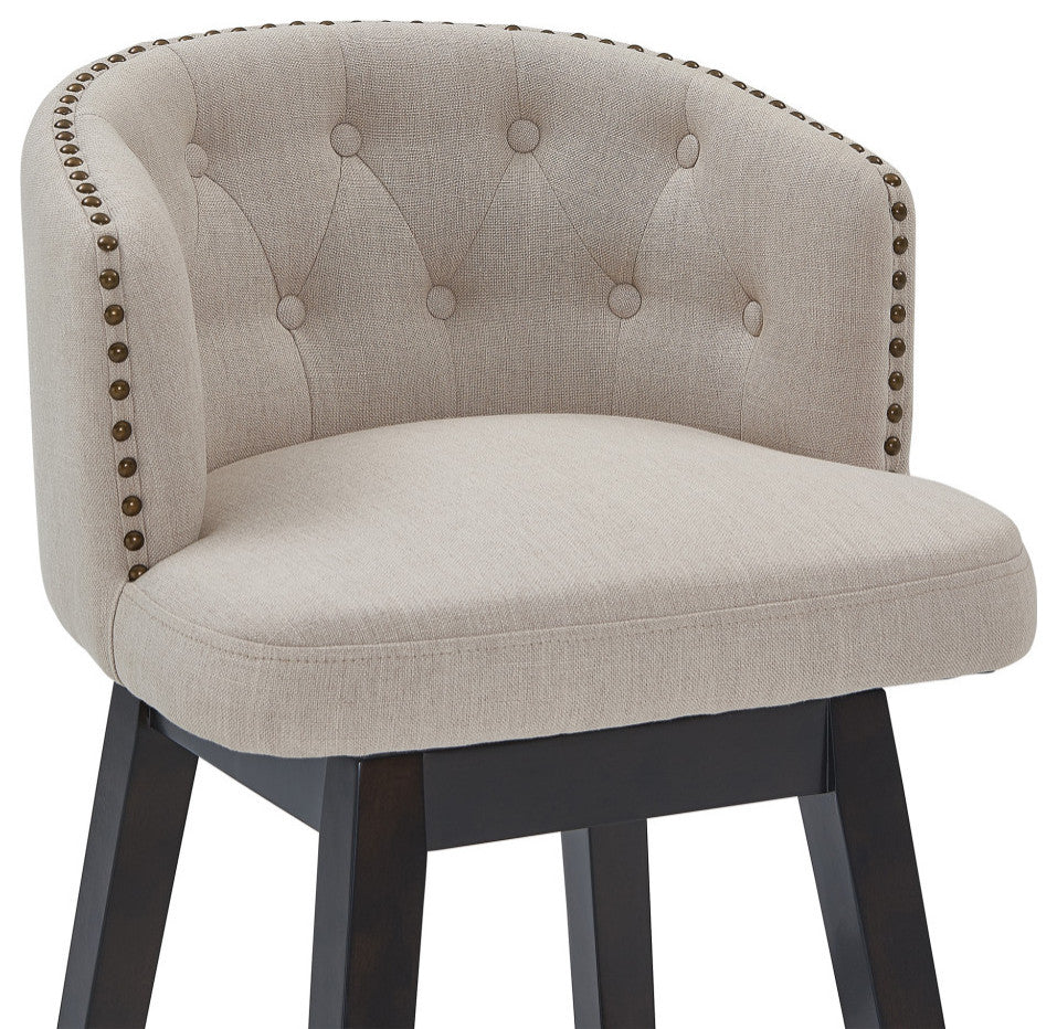 26" Tan Tufted Fabric and Dark Espresso Wood Swivel Bar Stool