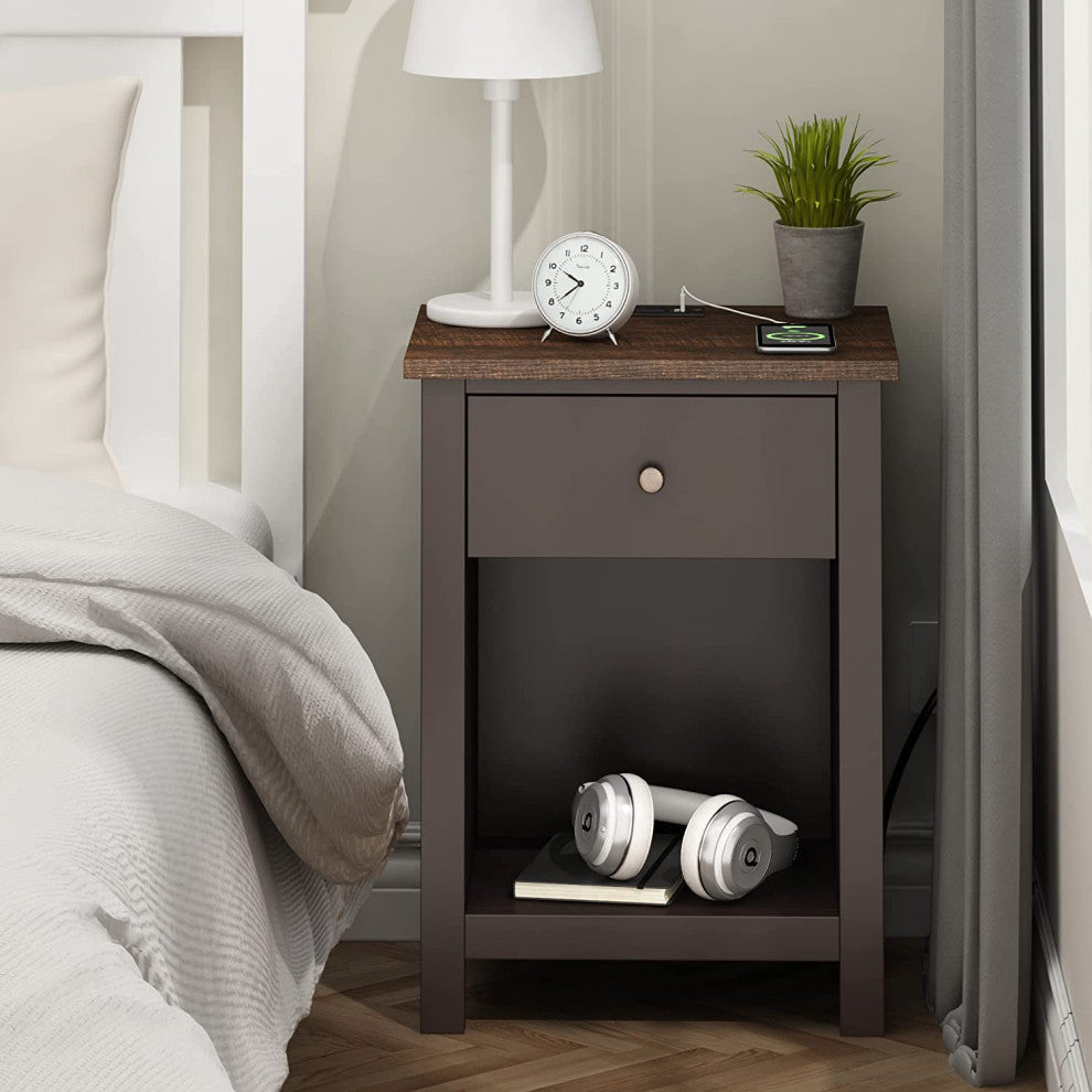 Nightstand with Charging Station, 1-Drawer and Storage Space, Espresso