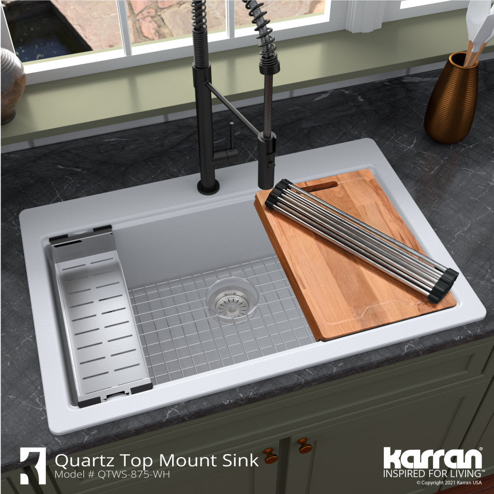 Karran Top Mount 33" Single Bowl Quartz Workstation Kitchen Sink, White