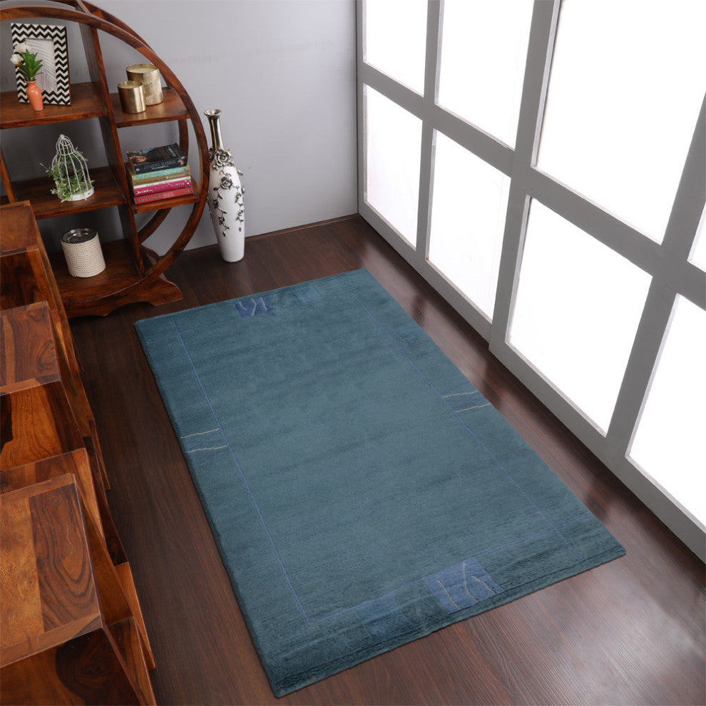 Hand Knotted Tibbati Wool Area Rug Contemporary Blue
