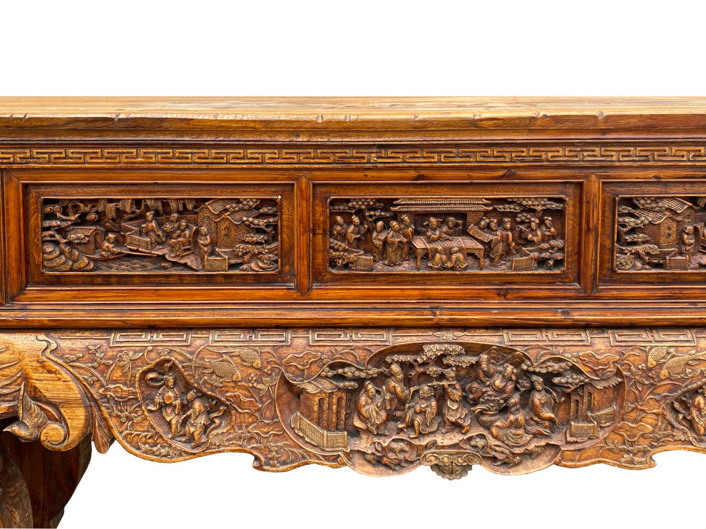 Chinese Vintage Opera Scenery Lion Heads Carving Long Altar Console  Hcs7795