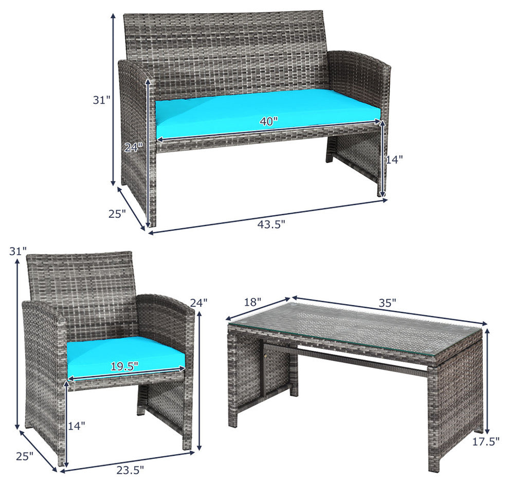 Costway 4PCS Patio Rattan Furniture Set Glass Table Top Cushioned Turquoise