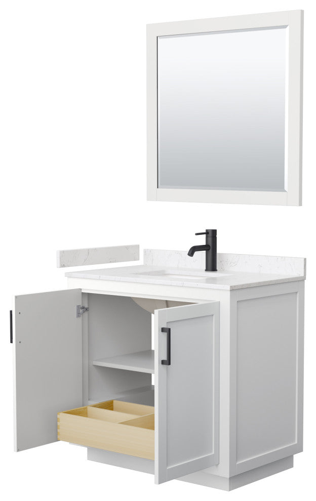 36"SGL Vanity White, Light-Vein Carrara Cult. Top, Sink, Black Trim, 34"Mirror