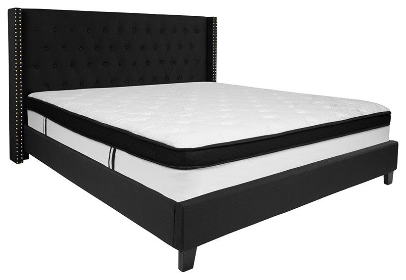 King Size Tufted Platform Bed in Black Fabric with Memory Foam Mattress