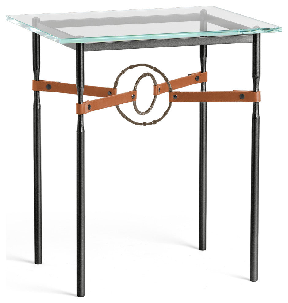 Equus Side Table, Black Finish, Bronze Accents, Chestnut Leather Strap
