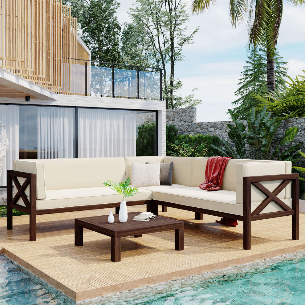 4 Pieces Outdoor Wood Patio Sectional sofa set With Cushions and Table