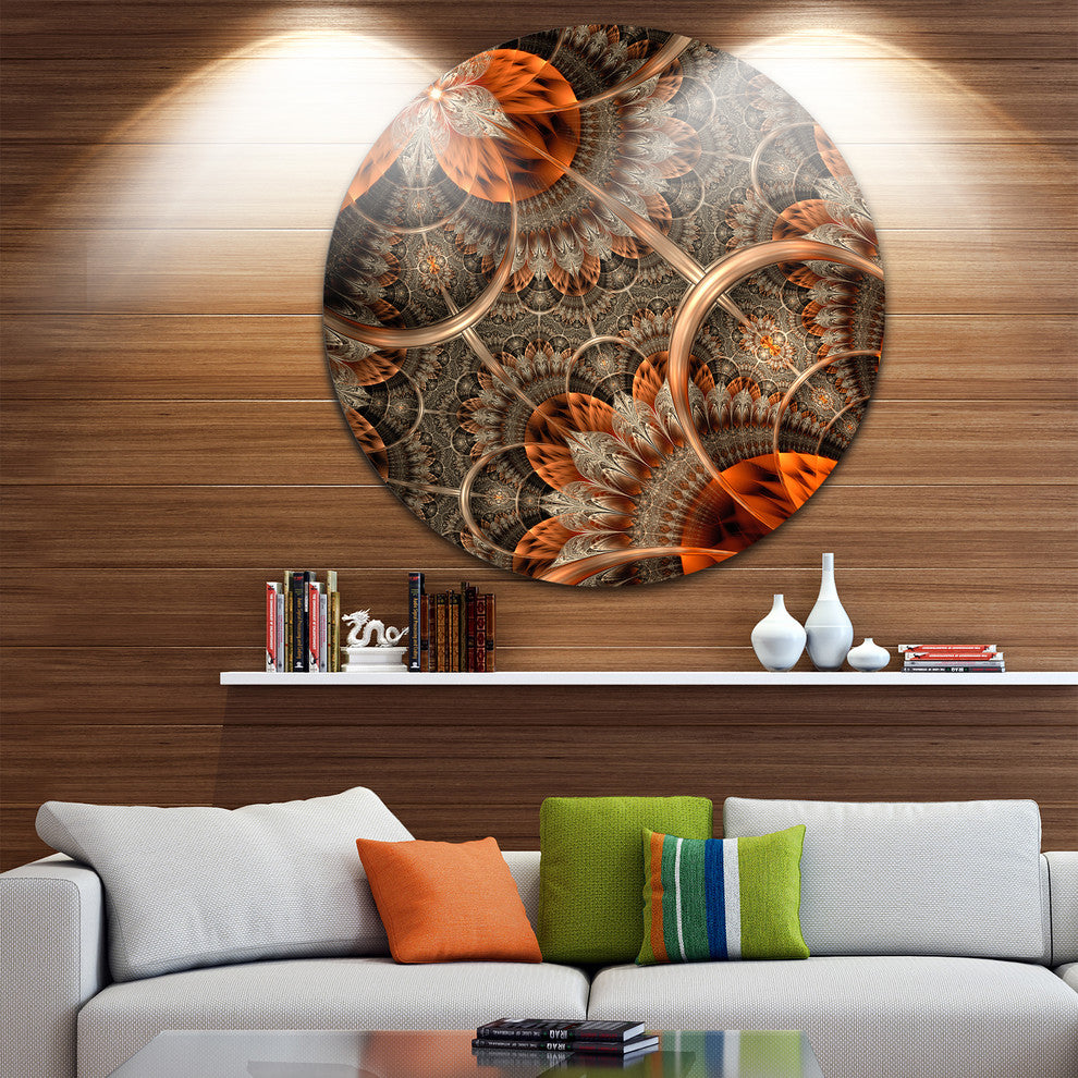 Orange Brown Digital Art Fractal Flower, Floral Disc Metal Artwork, 11"