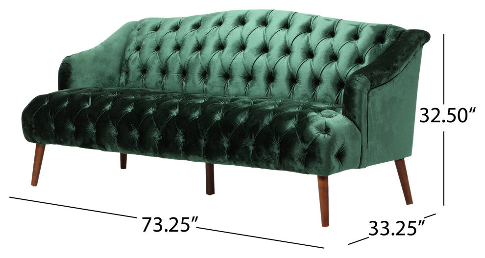 Esther Modern Glam Tufted Velvet 3 Seater Sofa, Emerald, Walnut Finish