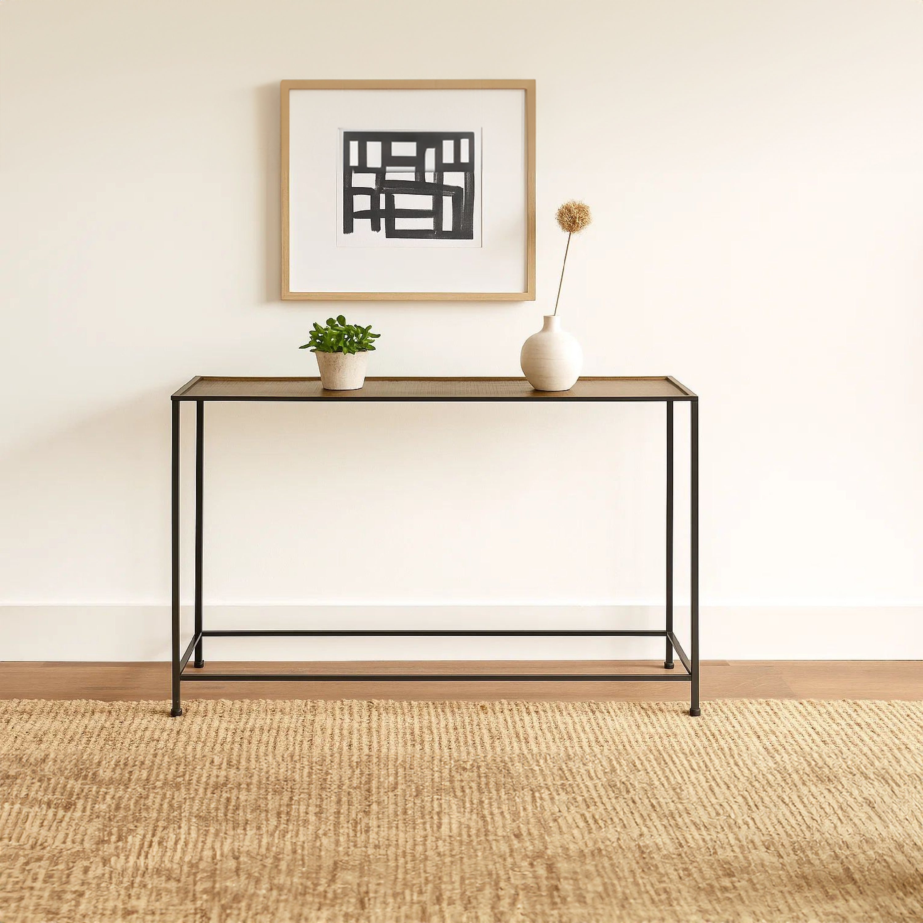 48" Console Sofa Table Bronze Tray Top Industrial Iron Frame Black Brown