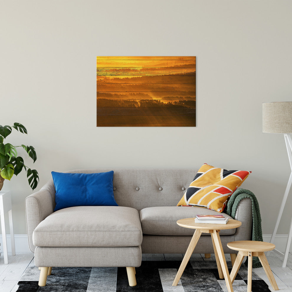 Faux Wood Golden Mist Valley - Hills & Mountain Range Canvas Prints, 24" X 36"