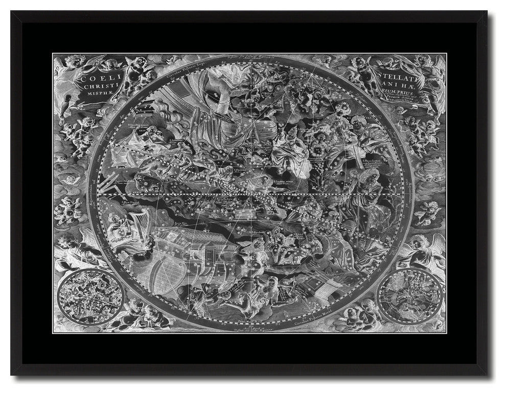Christian Celestial Hemisphere Monochrome Map On Canvas With Frame, 28" X 37"