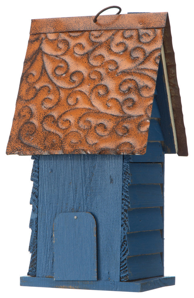 12"H Retro Blue Distressed Solid Wood Cottage Birdhouse