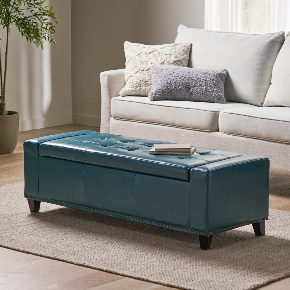 GDF Studio Robin Studded Beige Fabric Storage Ottoman Bench, Teal