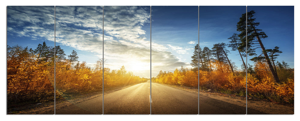 Road in Fall Forest Panorama, Landscape Canvas Art Print, 70"x28", 6 Panels