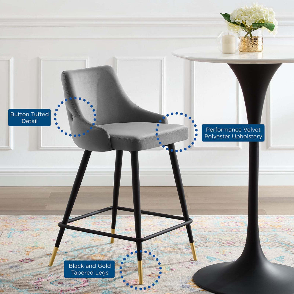 Counter Stool Chair, Velvet, Gray, Modern, Bar Pub Cafe Bistro Restaurant