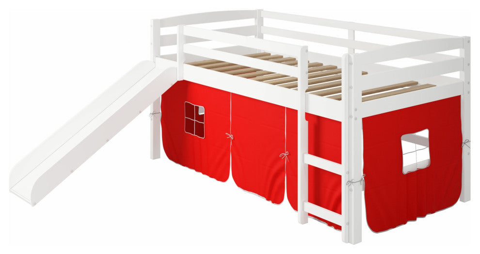 White Wooden Red Tent Low Loft Bed With Slide