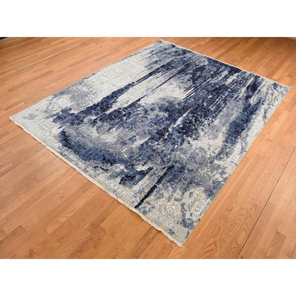 Gray Wool and Silk Transitional Design Hand Knotted Oriental Rug, 8'x9'9"
