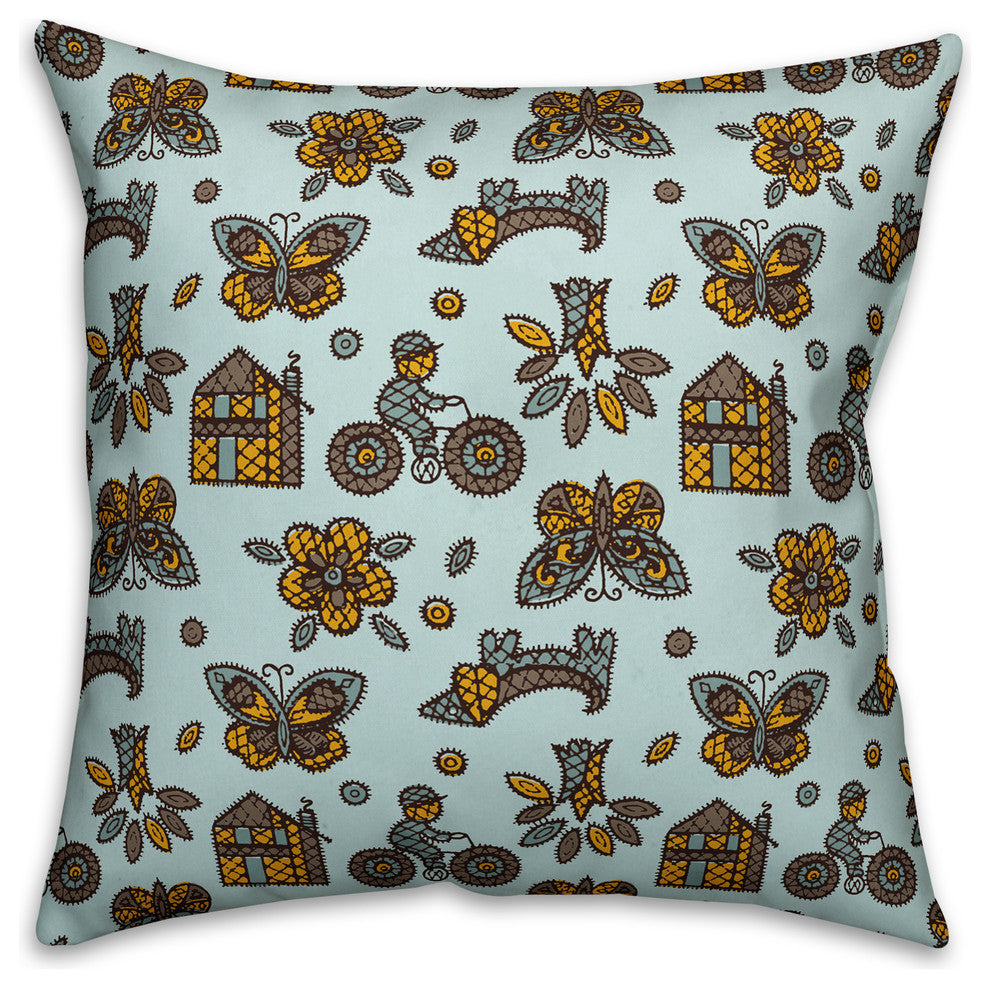 Kids Whimsical Folk Pattern, Blue Throw Pillow, 18"x18"