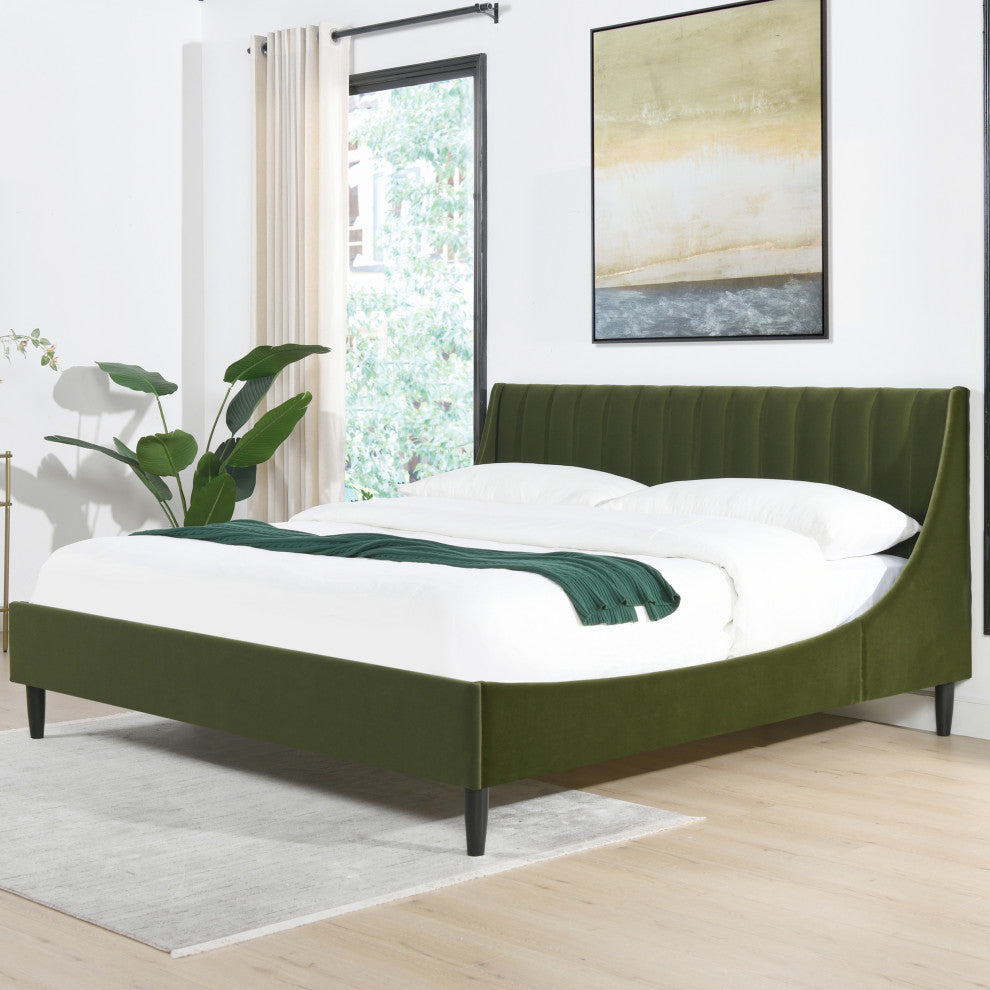 Aspen Modern Vertical Tufted Upholstered Platform Bed, Olive Green Performance Velvet, King