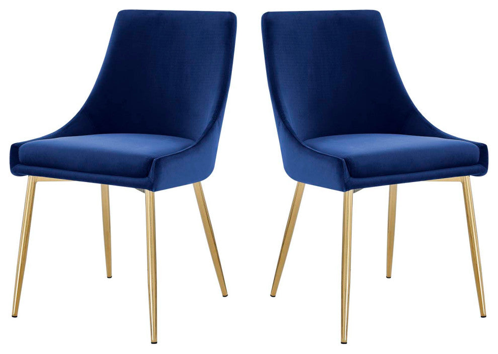 Side Dining Chair, Set of 2, Velvet, Metal, Gold Blue Navy, Modern, Cafe Bistro