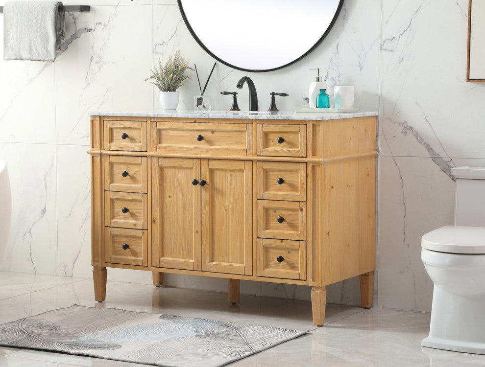 Home Living Vanity with Carrara White Marble Countertop, Natural Wood, 48", Single Sink