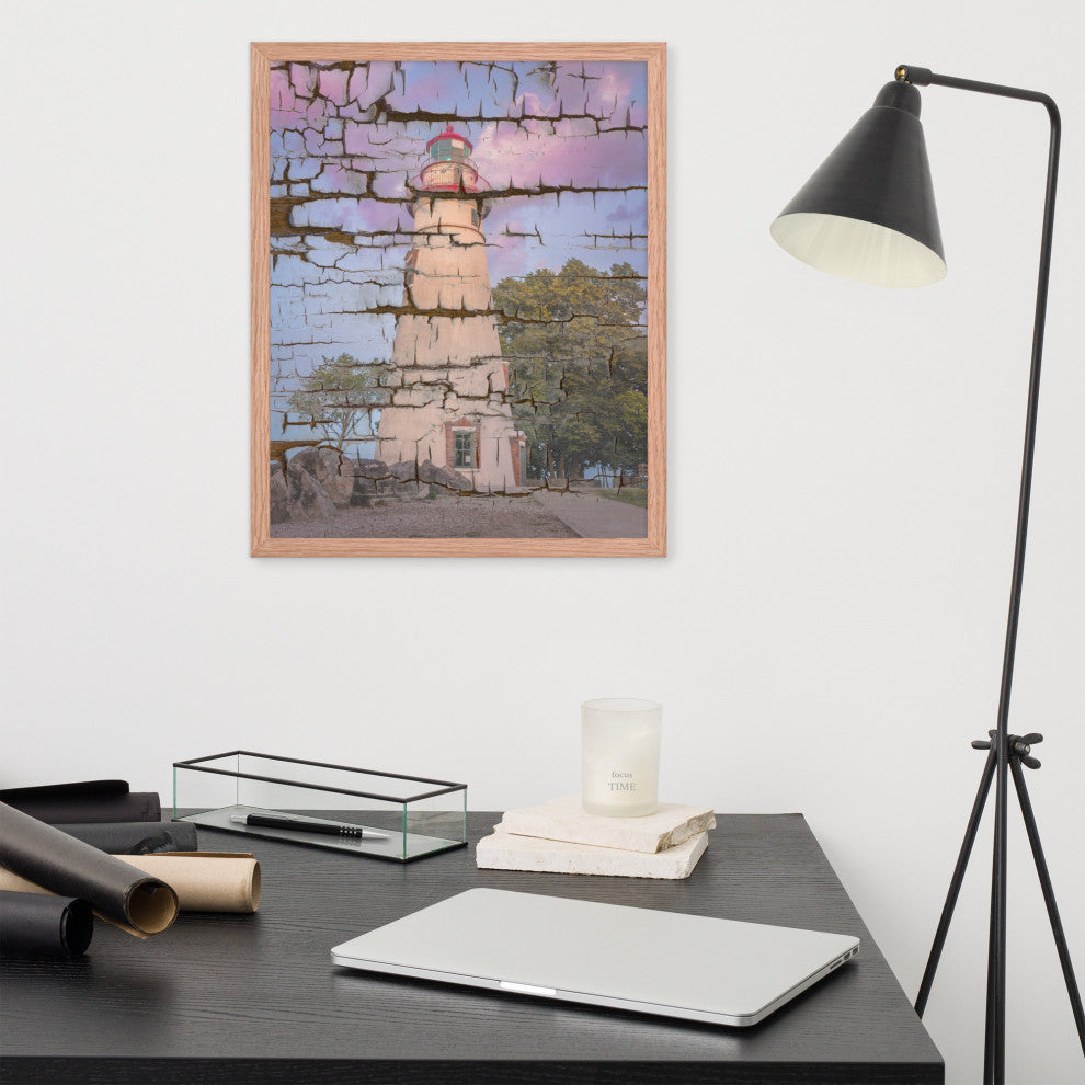 Faux Wood Texture Marblehead Lighthouse at Sunset Framed Photo Wall Art Print, Red Oak, 16" X 20"
