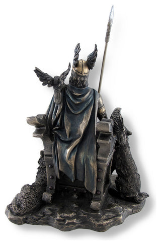 Bronzed Norse God Odin on Throne with Ravens and Wolves Statue