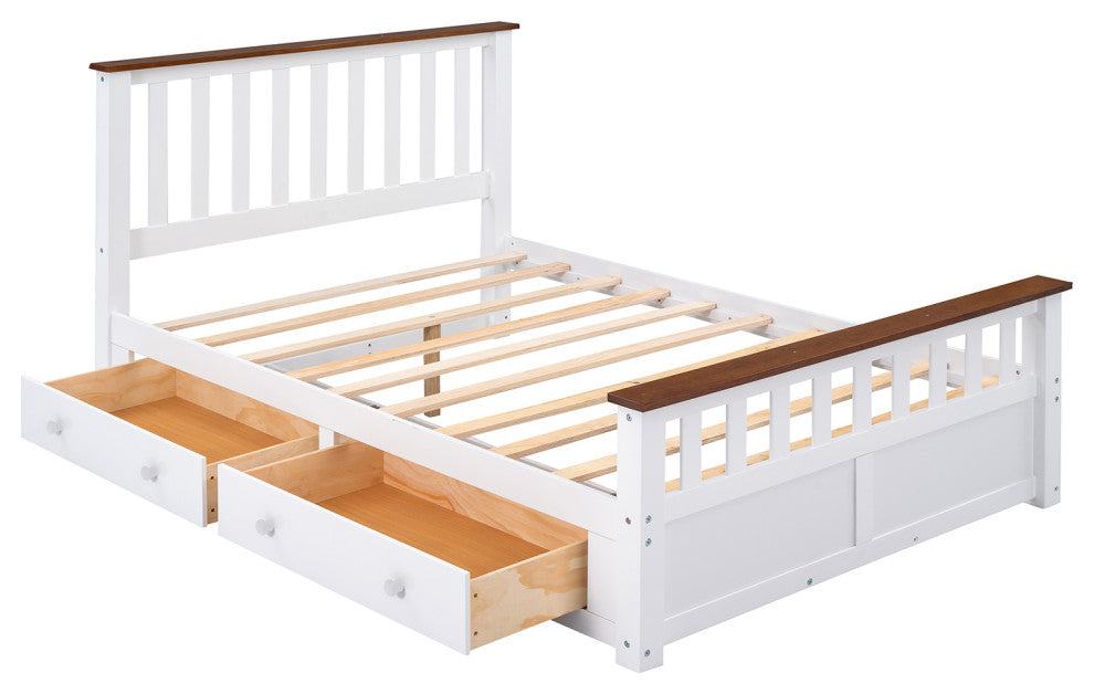 Full Size Wooden Slat Support Wood Platform Bed With Two Drawers