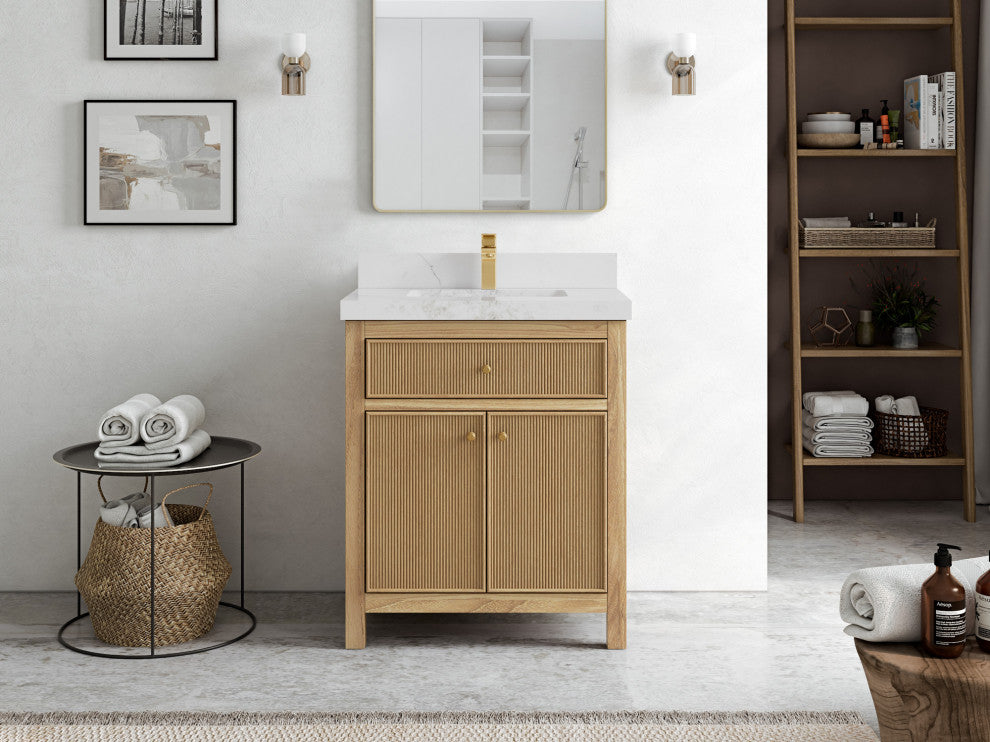 Sonoma 30 Single Sink Bath Vanity in Light Natural Teak with 2" Calacatta Nuvo