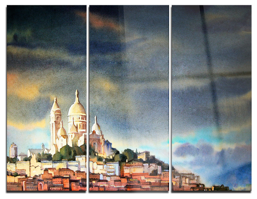"Montmartre Skyline" Watercolor Metal Wall Art, 3 Panels, 36"x28"
