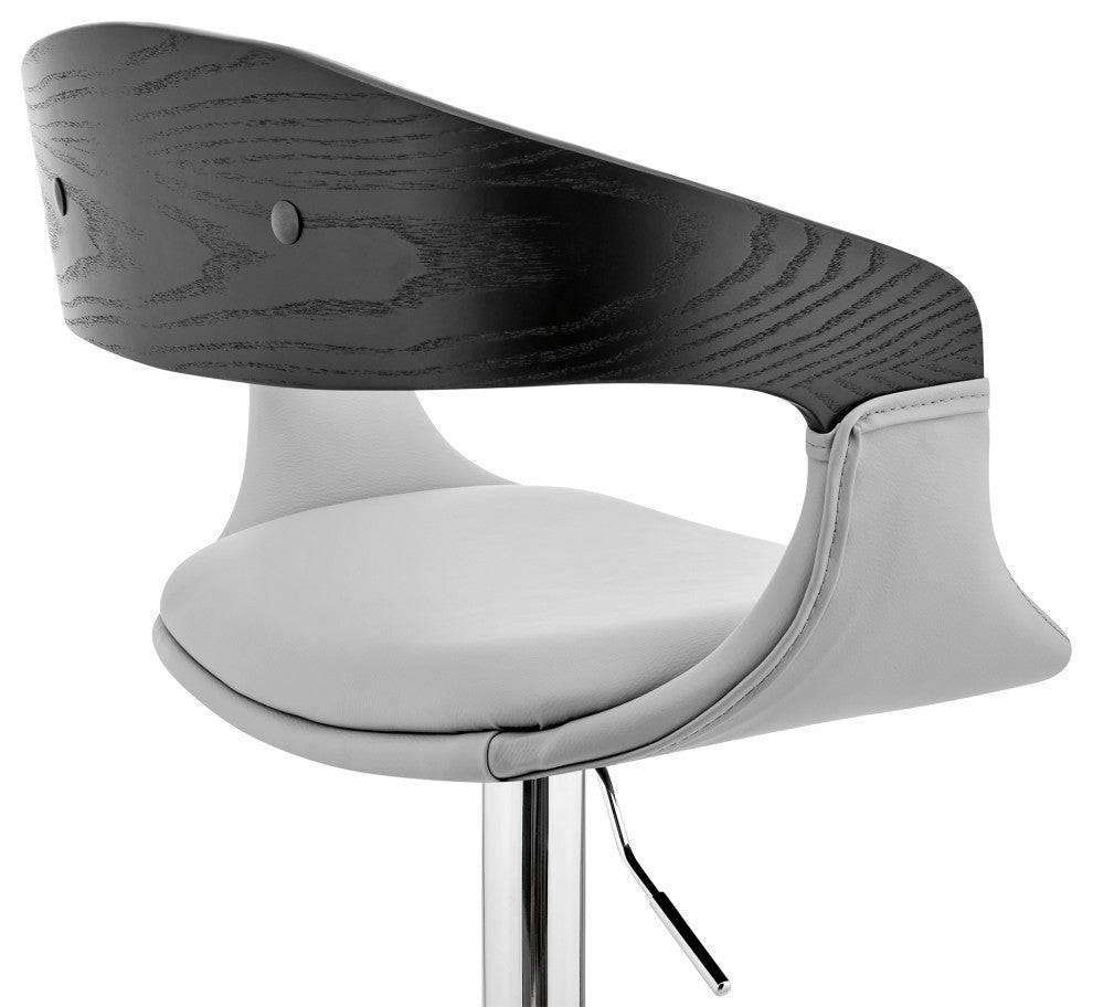 Benson Adjustable Faux Leather and Wood Bar Stool With Metal Base, Gray and Blac