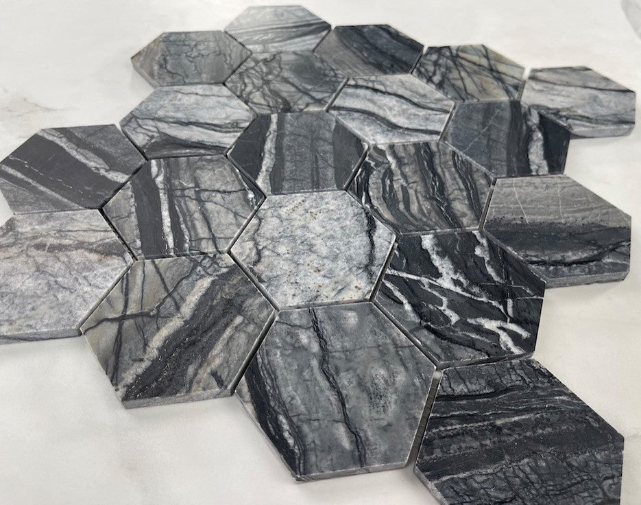Silver Wave Black Forest Marble 3 Hexagon Wall Floor Mosaic Tile Honed, 1 sheet